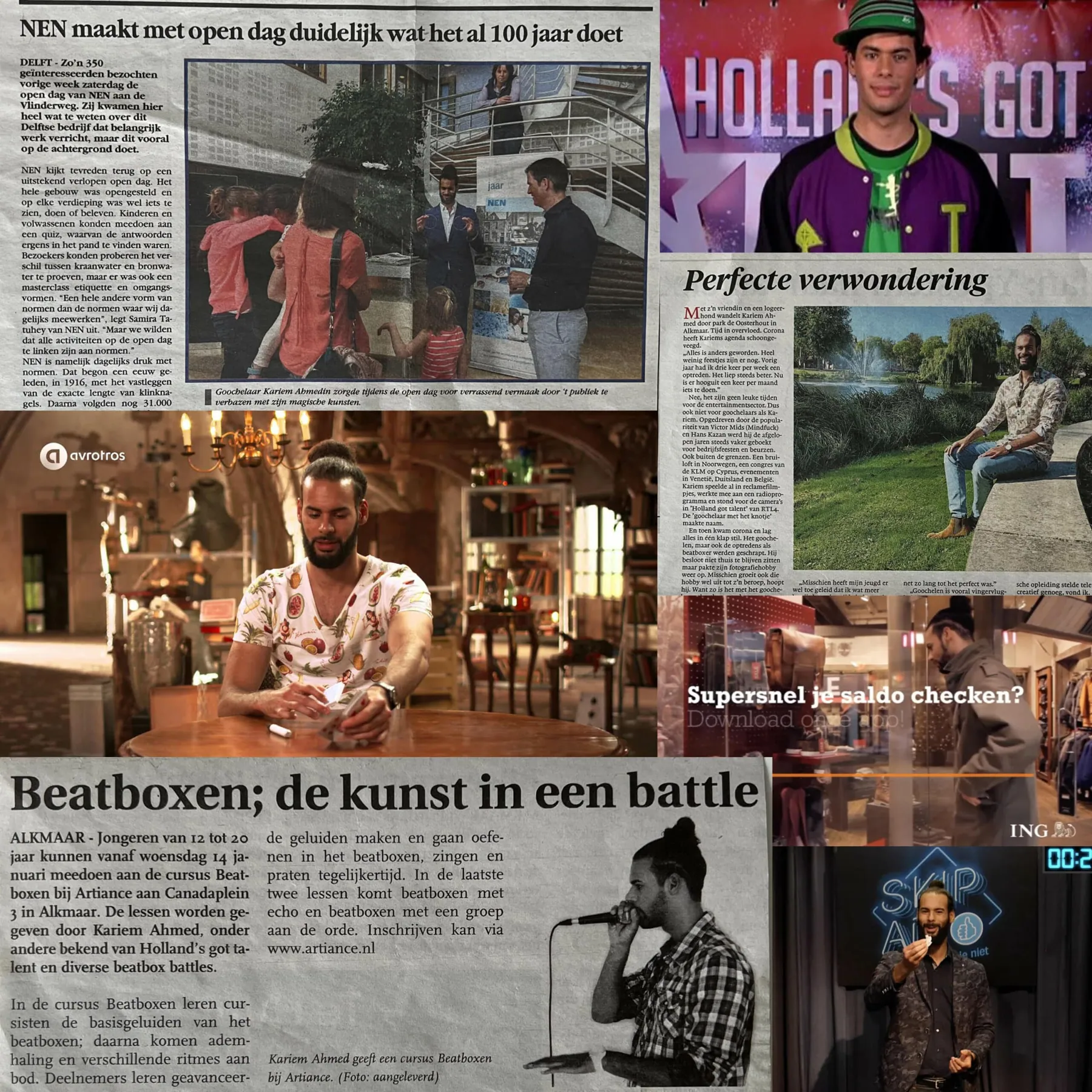Collage van Kariems televisieoptredens en publicaties in kranten